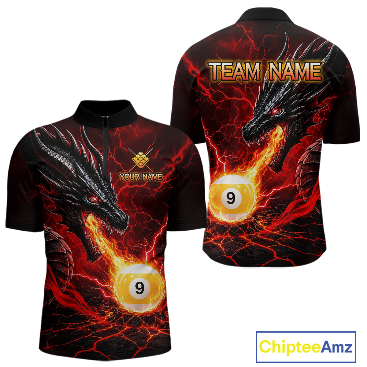 Custom dragon 9 ball pool fire quarter zip billiard shirt for men, red pool team jersey uniform.