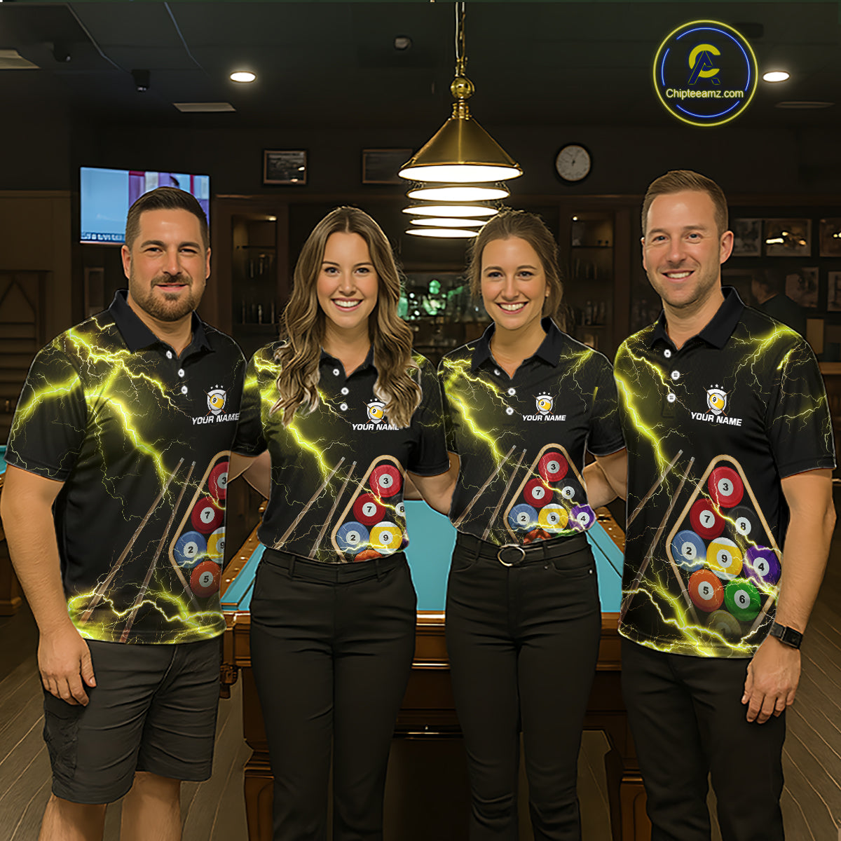 Yellow 9 Ball Thunder Lightning Billiard Shirts For Women Custom Pool Team Jersey Polo & 1/4 Zip TDM5980