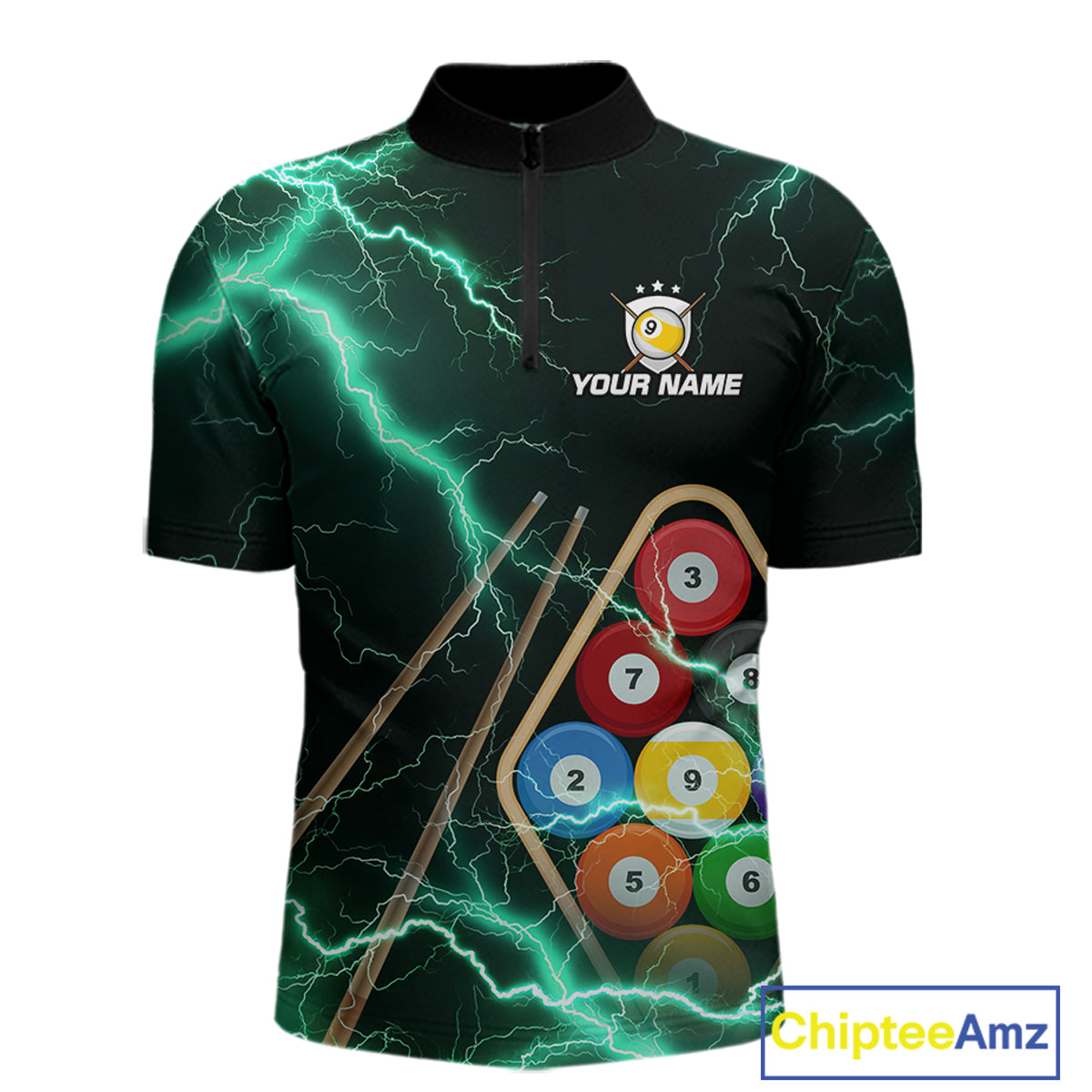 Turquoise 9 Ball Thunder Lightning Billiard Shirts For Men Custom Pool Team Jersey Polo & 1/4 Zip TDM5981