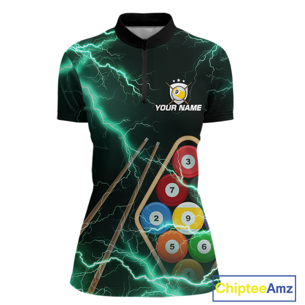 Turquoise 9 Ball Thunder Lightning Billiard Shirts For Women Custom Pool Team Jersey Polo & 1/4 Zip TDM5981