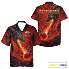 Load image into Gallery viewer, Personalized dragon bowling Hawaiian shirt with red fire flame design, custom bowling league team shirt for men.