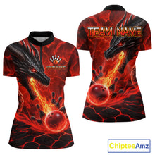 Load image into Gallery viewer, Dragon fire flame red bowling quarter zip shirt for women, custom bowling league jersey.