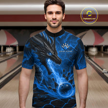Load image into Gallery viewer, Man wearing dragon fire flame blue bowling quarter zip shirt front view.