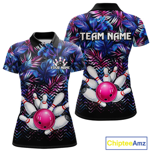 Custom Blue And Pink Tropical Floral Bowling Shirt For Women, Bowling Team Jersey Polo & 1/4 Zip TDM6222