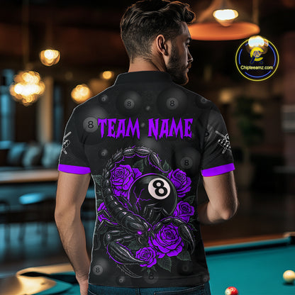 Black Purple 8 Ball Scorpion Roses Billiard Shirt For Men Custom Pool Team Shirt, Billiard Jersey TDM5347