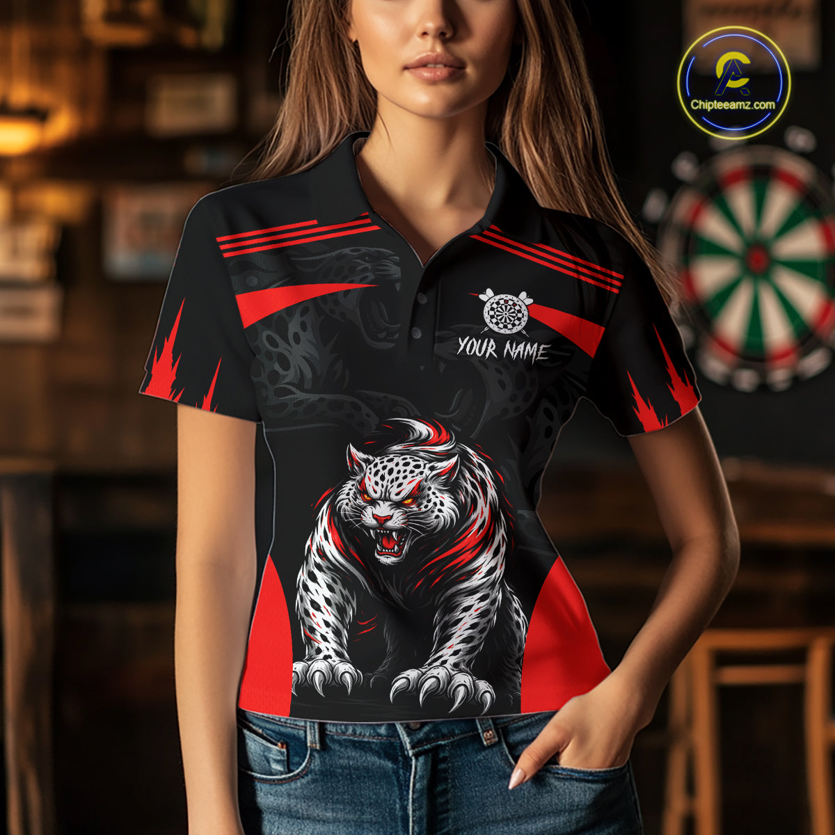 Black And Red Custom Leopard Darts Shirt For Women, Darts Team Jersey Polo & Quarter Zip TDM5625