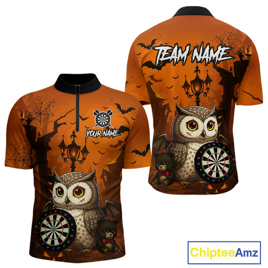 Personalized Orange Funny Owl Halloween Darts Shirt For Men Custom Pumpkin Darts Jersey TDM4929