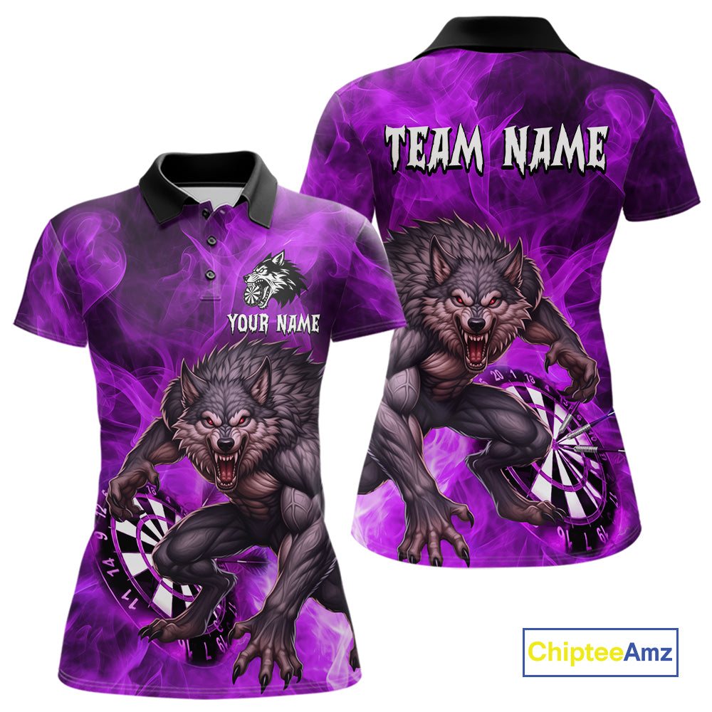 Purple Flaming Wolf Darts Shirt For Women Custom Darts League Jersey Team Polo & Quarter Zip TDM5358