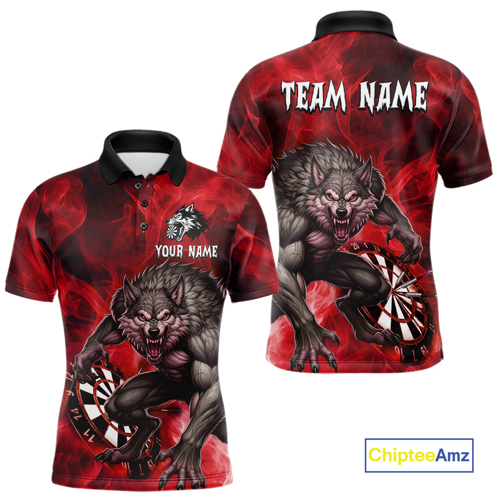 Red Flaming Wolf Darts Shirt For Men Custom Darts League Jersey Team Polo & Quarter Zip TDM5359
