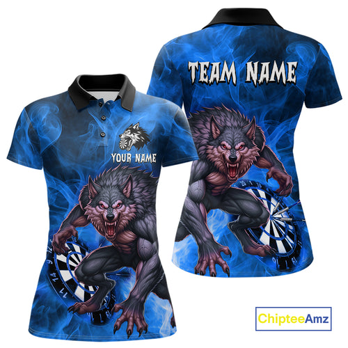 Blue Flaming Wolf Darts Shirt For Women Custom Darts League Jersey Team Polo & Quarter Zip TDM5360