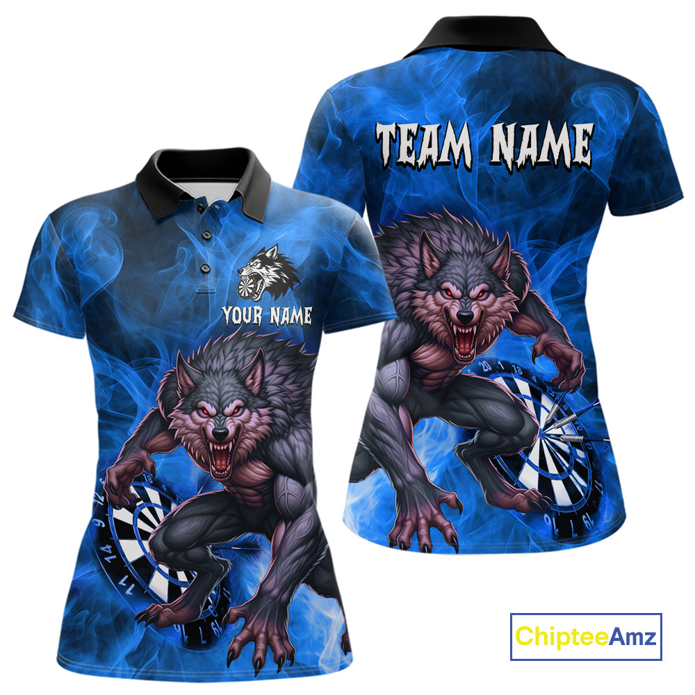 Blue Flaming Wolf Darts Shirt For Women Custom Darts League Jersey Team Polo & Quarter Zip TDM5360