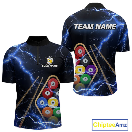 Blue 9 Ball Thunder Lightning Billiard Shirts For Men Custom 9 Ball Pool Team Jersey Polo, 1/4 Zip TDM5633