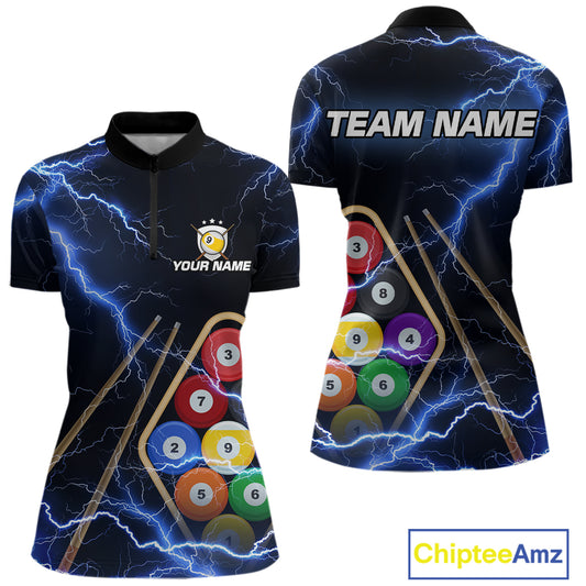 Blue 9 Ball Thunder Lightning Billiard Shirts For Women Custom 9 Ball Pool Team Jersey Polo, 1/4 Zip TDM5633