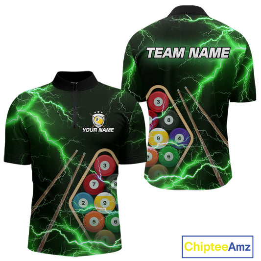 Green 9 Ball Thunder Lightning Billiard Shirts For Men Custom 9 Ball Pool Team Jersey Polo, 1/4 Zip TDM5634