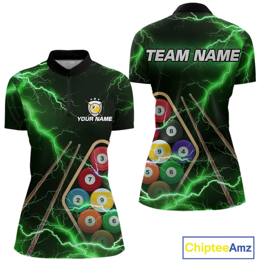 Green 9 Ball Thunder Lightning Billiard Shirts For Women Custom 9 Ball Pool Team Jersey Polo, 1/4 Zip TDM5634