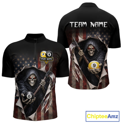 Grim Reaper 8 Ball & 9 Ball Pool American Flag Billiard Shirt For Men Custom Billiard Team Jersey TDM5638