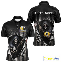 Load image into Gallery viewer, Grim Reaper 8 Ball &amp; 9 Ball US Flag Billiard Shirt For Men Custom Pool Team Jersey Polo &amp; 1/4 Zip TDM5639