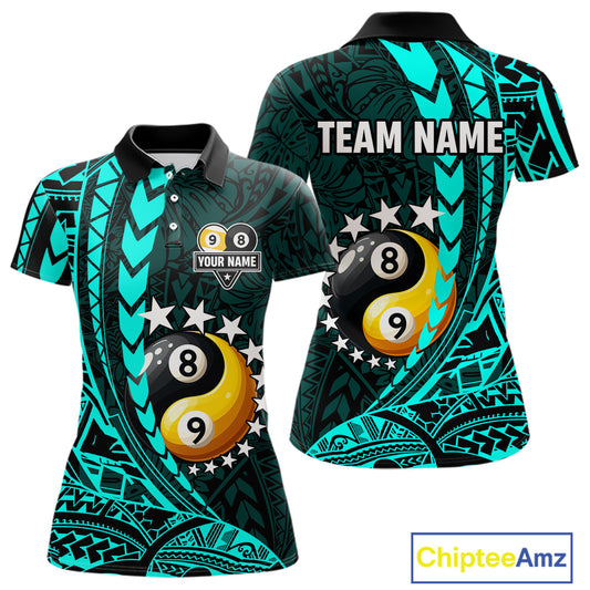 Custom Turquoise Tribal 8 Ball & 9 Ball Yin-Yang Billiard Shirt For Women, Funny Pool Team Jersey TDM5844