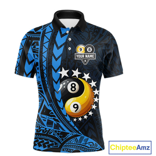 Custom Blue Tribal 8 Ball & 9 Ball Yin And Yang Billiard Shirt For Men, Funny Pool Team Jersey TDM5845