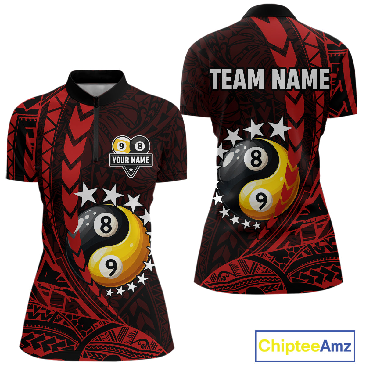 Custom Red Tribal 8 Ball & 9 Ball Yin And Yang Billiard Shirt For Women, Funny Pool Team Jersey TDM5846