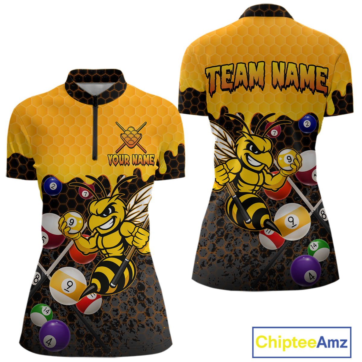 Custom Yellow Black Funny Bee 9 Ball Billiard Shirt For Women, Pool Team Jersey Polo & 1/4 Zip TDM6005