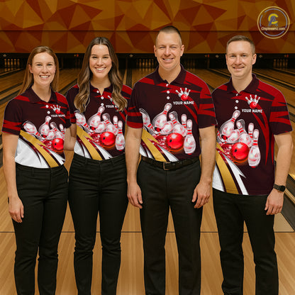 Personalized Red Strike Ball Bowling Shirt For Men Custom Team Bowling Jersey Polo & 1/4 Zip TDM6244