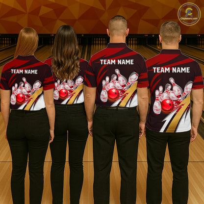 Personalized Red Strike Ball Bowling Shirt For Men Custom Team Bowling Jersey Polo & 1/4 Zip TDM6244