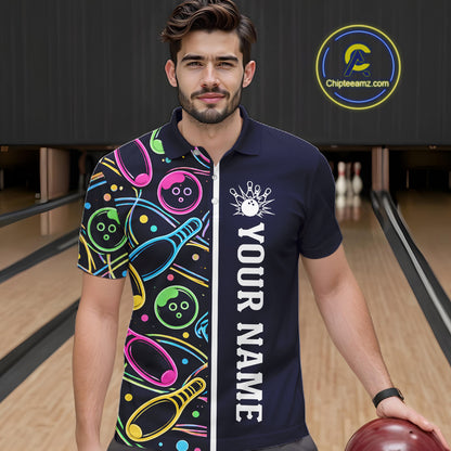 Personalized Funny Neon Bowling Shirt For Men, Retro Bowling Team Jersey Polo & 1/4 Zip | Navy Blue TDM6460