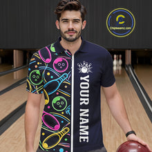Load image into Gallery viewer, Personalized Funny Neon Bowling Shirt For Men, Retro Bowling Team Jersey Polo &amp; 1/4 Zip | Navy Blue TDM6460