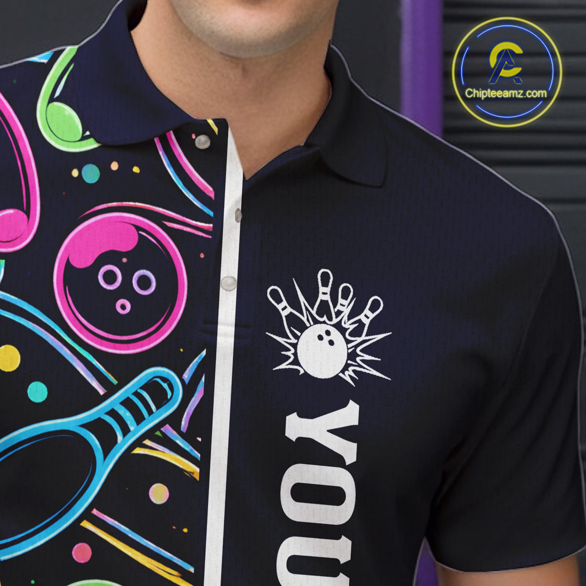 Personalized Funny Neon Bowling Shirt For Men, Retro Bowling Team Jersey Polo & 1/4 Zip | Navy Blue TDM6460