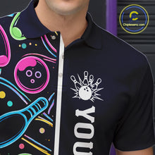 Load image into Gallery viewer, Personalized Funny Neon Bowling Shirt For Men, Retro Bowling Team Jersey Polo &amp; 1/4 Zip | Navy Blue TDM6460