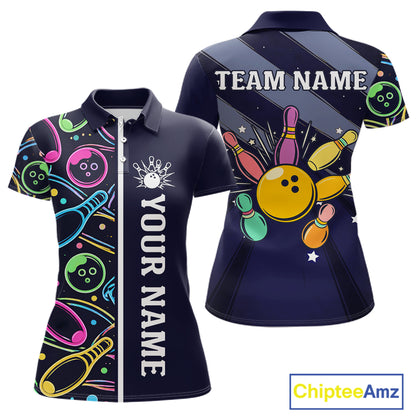 Personalized Funny Neon Bowling Shirt For Women, Retro Bowling Team Jersey Polo & 1/4 Zip | Navy Blue TDM6460