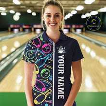 Load image into Gallery viewer, Personalized Funny Neon Bowling Shirt For Women, Retro Bowling Team Jersey Polo &amp; 1/4 Zip | Navy Blue TDM6460