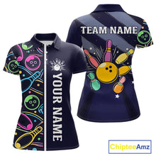 Load image into Gallery viewer, Personalized Funny Neon Bowling Shirt For Women, Retro Bowling Team Jersey Polo &amp; 1/4 Zip | Navy Blue TDM6460