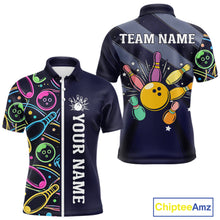 Load image into Gallery viewer, Personalized Funny Neon Bowling Shirt For Men, Retro Bowling Team Jersey Polo &amp; 1/4 Zip | Navy Blue TDM6460