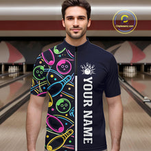 Load image into Gallery viewer, Personalized Funny Neon Bowling Shirt For Men, Retro Bowling Team Jersey Polo &amp; 1/4 Zip | Navy Blue TDM6460