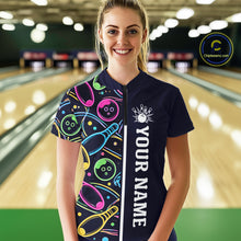 Load image into Gallery viewer, Personalized Funny Neon Bowling Shirt For Women, Retro Bowling Team Jersey Polo &amp; 1/4 Zip | Navy Blue TDM6460