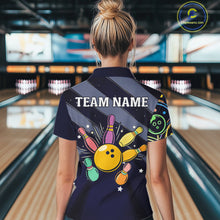 Load image into Gallery viewer, Personalized Funny Neon Bowling Shirt For Women, Retro Bowling Team Jersey Polo &amp; 1/4 Zip | Navy Blue TDM6460