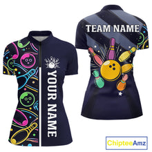 Load image into Gallery viewer, Personalized Funny Neon Bowling Shirt For Women, Retro Bowling Team Jersey Polo &amp; 1/4 Zip | Navy Blue TDM6460