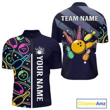 Load image into Gallery viewer, Personalized Funny Neon Bowling Shirt For Men, Retro Bowling Team Jersey Polo &amp; 1/4 Zip | Navy Blue TDM6460
