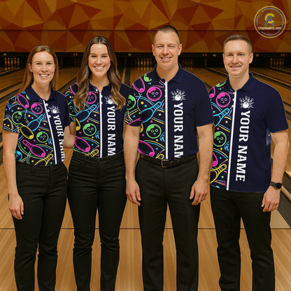 Personalized Funny Neon Bowling Shirt For Men, Retro Bowling Team Jersey Polo & 1/4 Zip | Navy Blue TDM6460