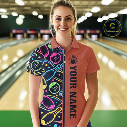 Personalized Funny Neon Bowling Shirt For Women, Retro Bowling Team Jersey Polo & 1/4 Zip | Orange TDM6462