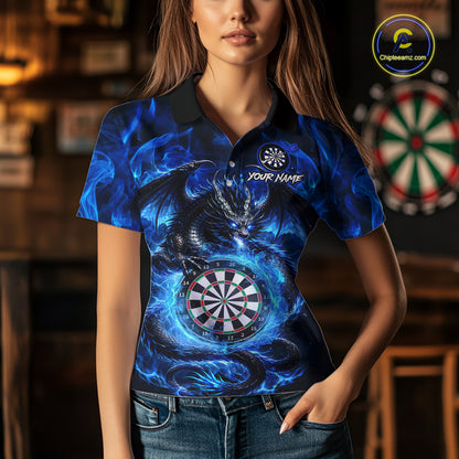 Woman wearing a blue flame dragon darts polo shirt during darts league play front view.