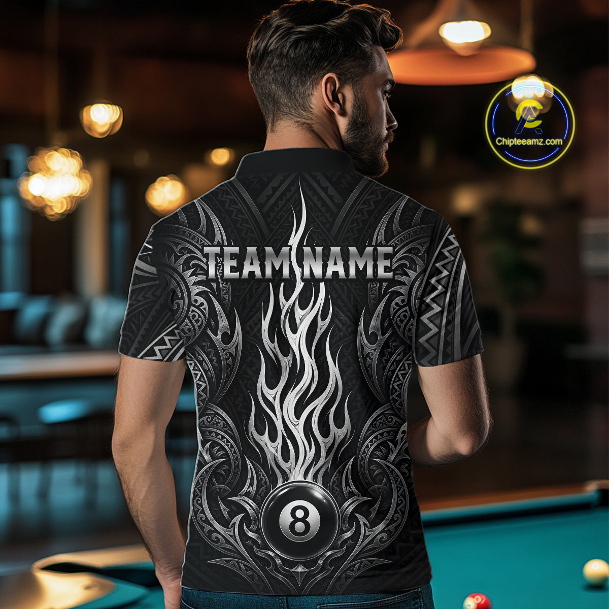 Back view of man wearing a tribal flame 8 ball billiard shirt inside a billiards hall.