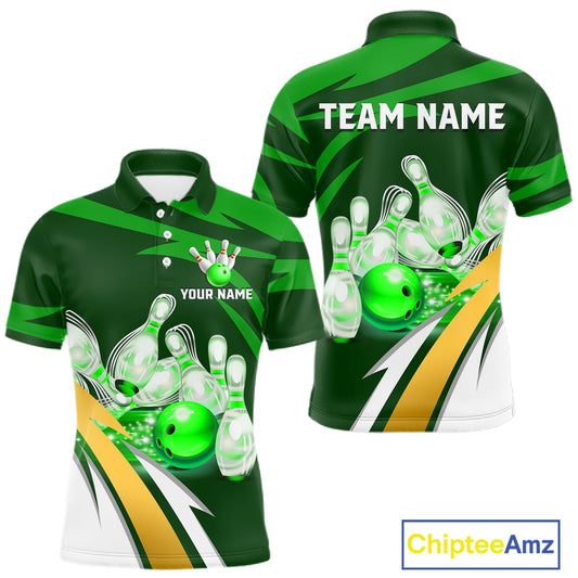 Personalized green strike ball bowling team jersey polo shirt for men featuring a vibrant green strike bowling ball design, premium custom bowling league apparel.