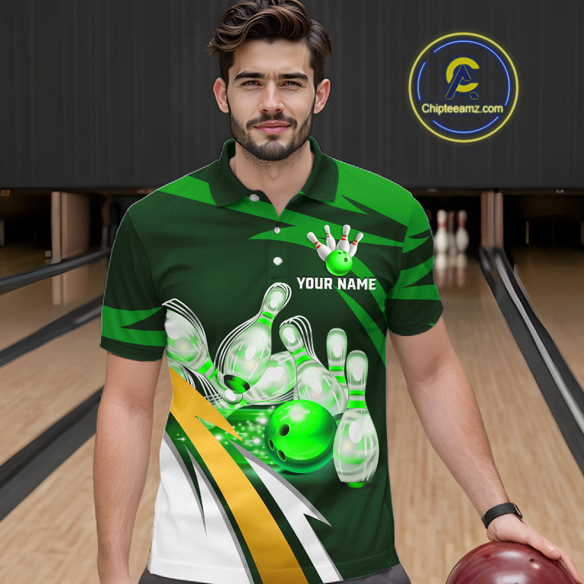 Man wearing personalized green strike ball bowling team jersey polo shirt featuring green strike ball artwork, front view.