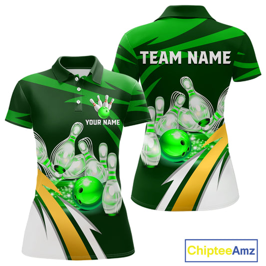 Personalized green strike ball bowling team jersey polo shirt for women featuring a vibrant green strike bowling ball design, premium custom bowling league apparel.