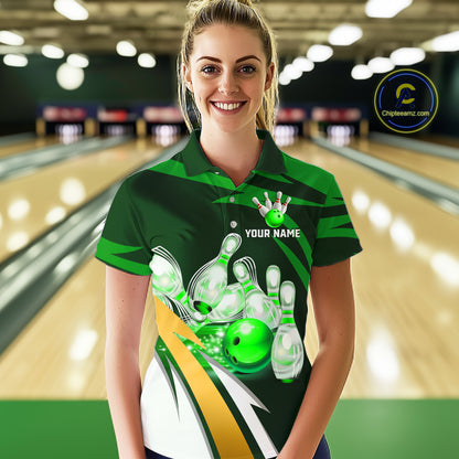 Woman wearing personalized green strike ball bowling team jersey polo shirt featuring green strike ball artwork, front view.
