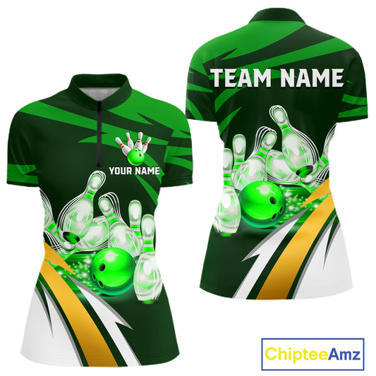 Personalized green strike ball bowling team jersey quarter zip shirt for women featuring green strike bowling ball artwork, premium custom bowling apparel.