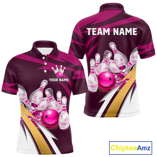 Personalized pink strike ball bowling team jersey polo shirt for men featuring a vibrant pink strike bowling ball design, premium custom bowling league apparel.